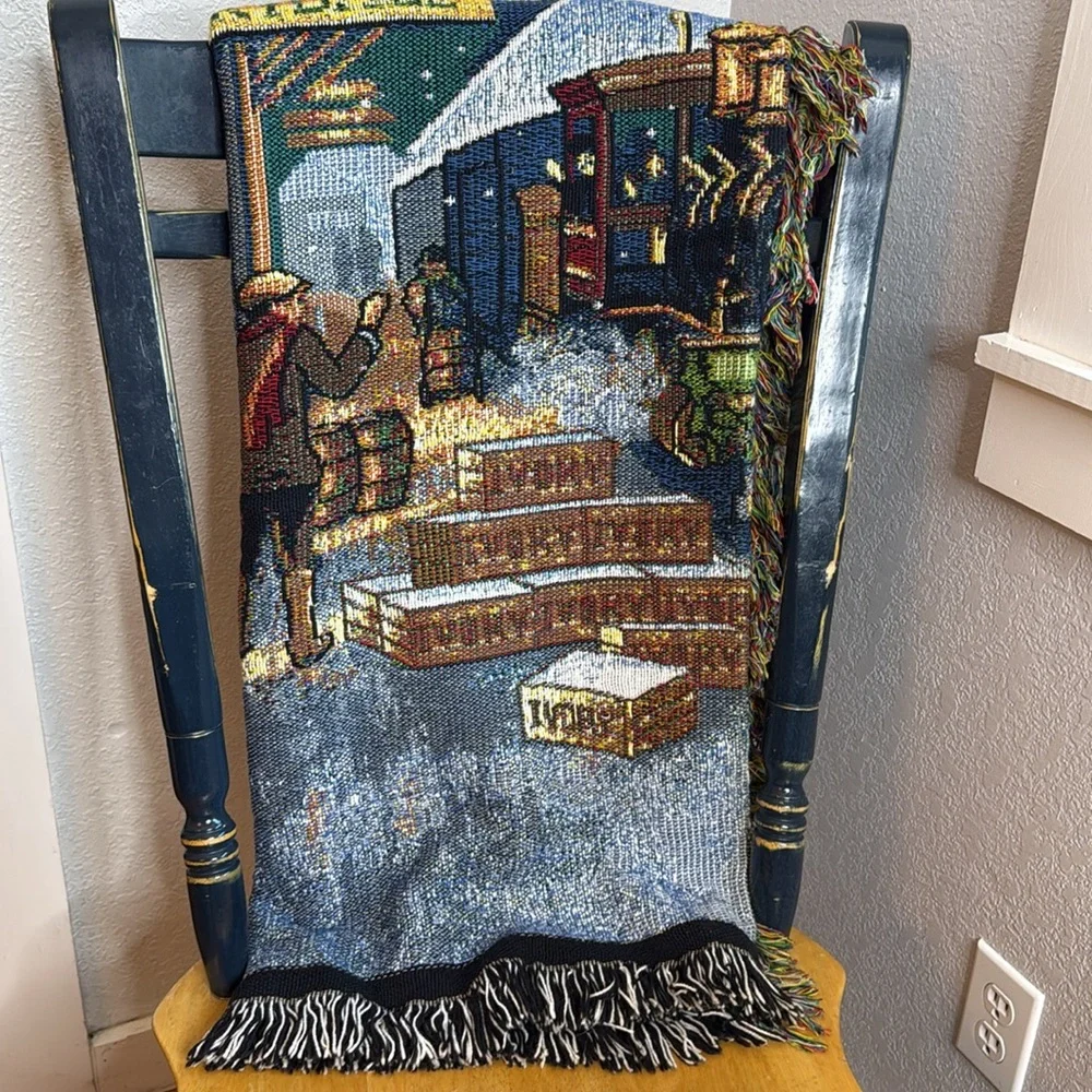 Vintage Northwest Company Winter Train Station Woven Tapestry Throw Blanket